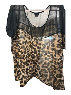 NWOT dots Leopard Print Sheer Panel Top - Black & Brown crisscross in back 3x